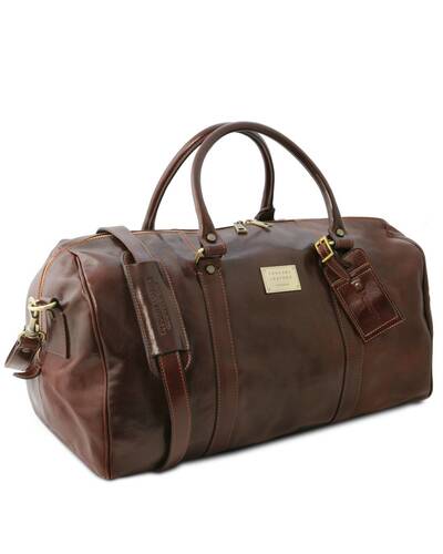 Tuscany Leather - TL Voyager - Travel leather duffle bag with pocket on the back side - Large size Honey - TL141247/3