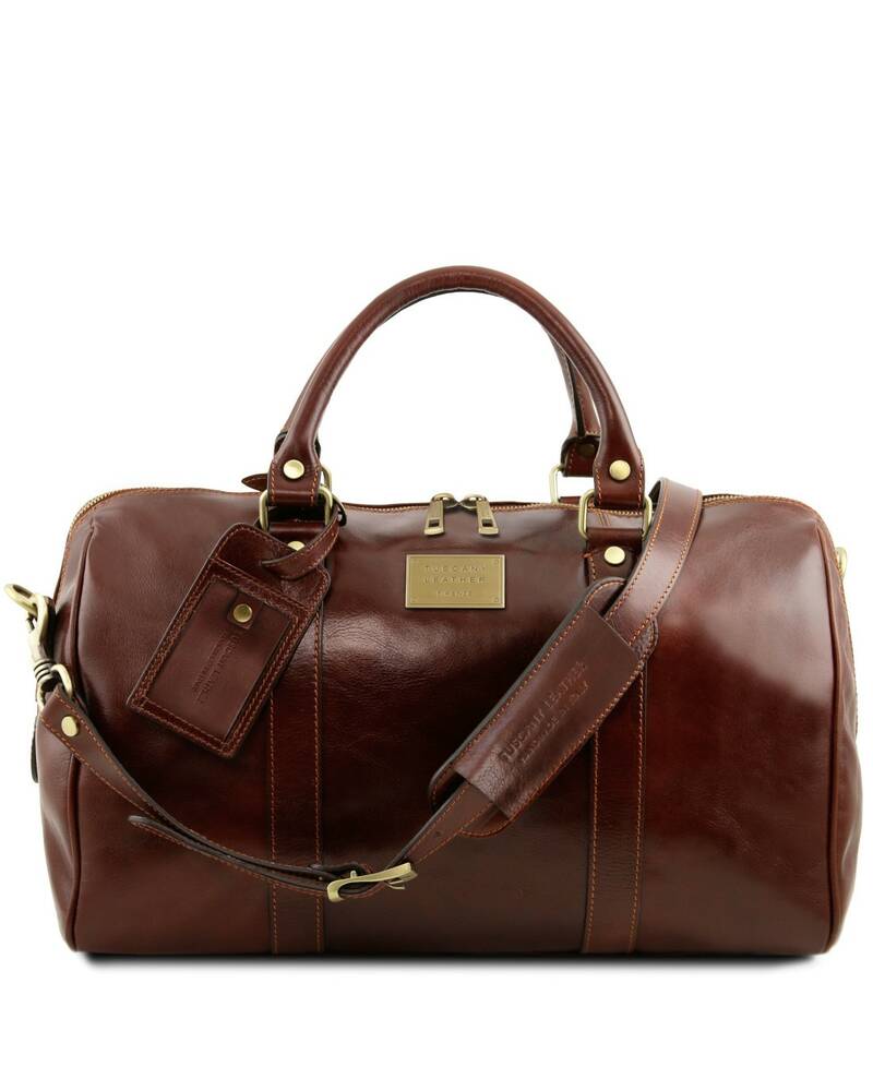 Tuscany Leather - TL Voyager - Travel leather duffle bag with pocket on the back side - Small size Brown - TL141250/1