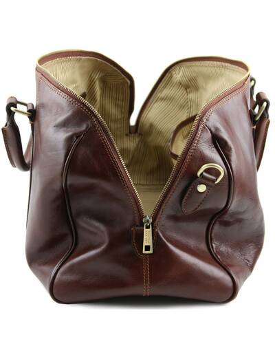 Tuscany Leather - TL Voyager - Travel leather duffle bag with pocket on the back side - Small size Brown - TL141250/1