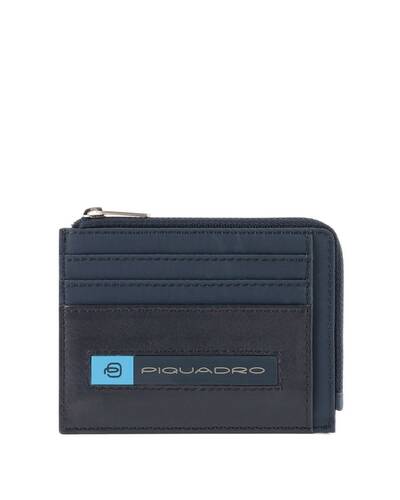 Piquadro PQ-Bios Zipper coin pouch in regenerated nylon with document holder and credit card slots, Blu - PP4822BIO/BLU